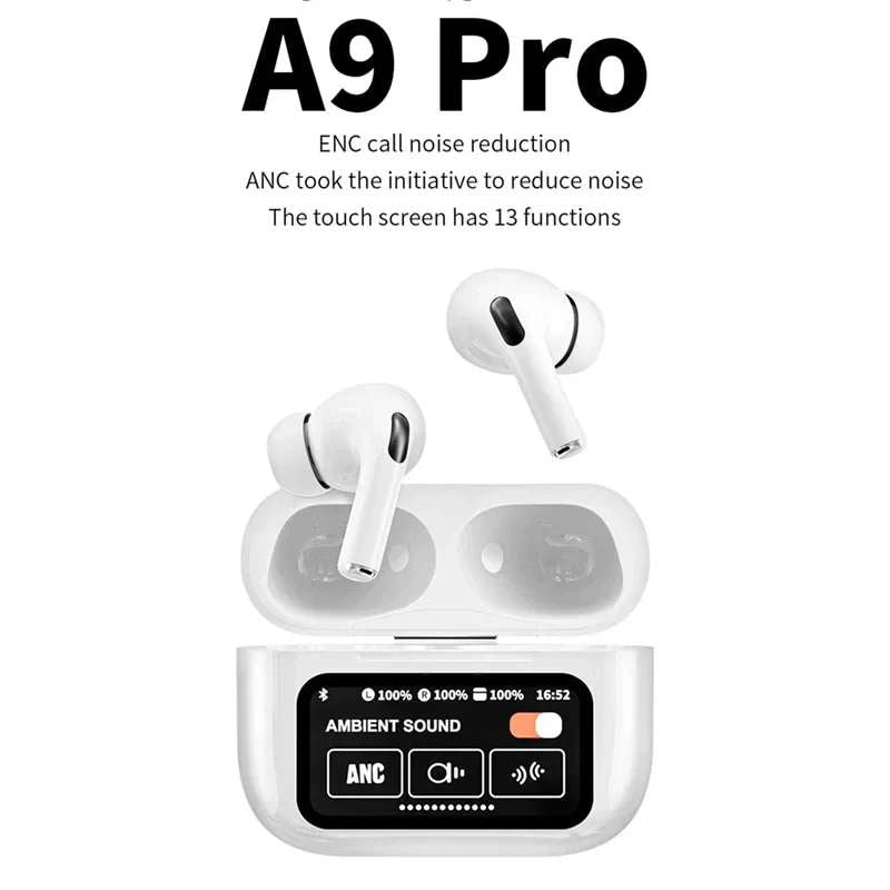 A9 Pro Earbuds With Anc Technology Sleek Matte Black Design Led Indicator Built In Screen And Clear Sound Quality